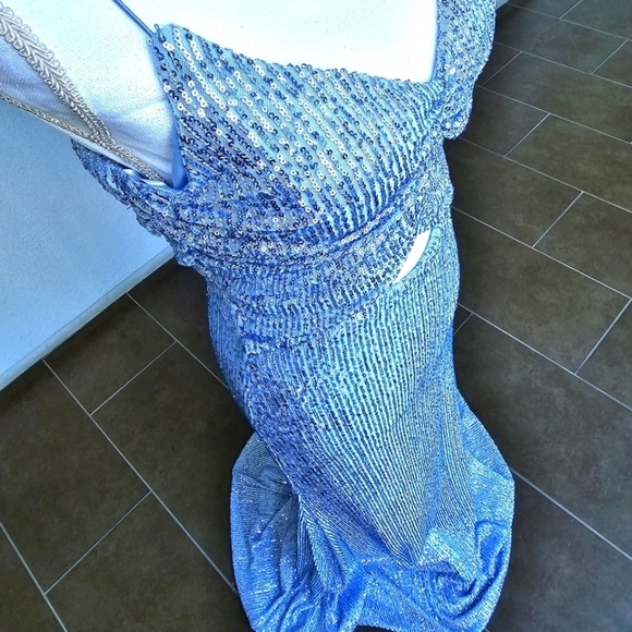 Windsor ✦ Blue Sequin Mermaid Maxi Dress ✦ Sweetheart Cutouts w/ Bungee Straps - Picture 9 of 16